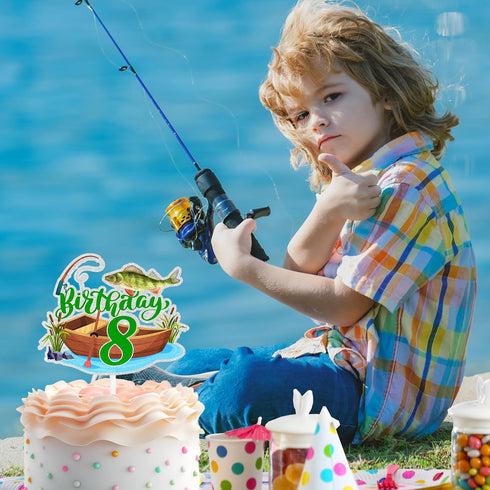 LIANGSS 8th (8th) Adorable Fishing Boat Birthday Cake Topper Boys Girls Bass Fish Decorations, Little Angler Party
