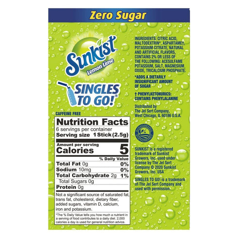 0.53 OZ, 6 (Pack 4) Sunkist Soda Lemon Lime Singles To Go Drink Mix, CT