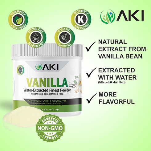 Aki Fine Vanilla Powder Extract from Beans (5.29oz/150g), Water Extracted Powder for Baking, Cooking, Smoothies,