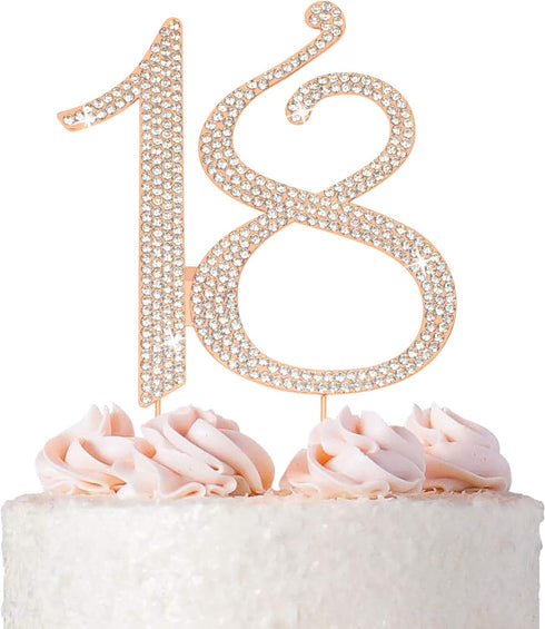 18 Cake Topper - Premium Rose Gold Metal, 18th Birthday Party Sparkly Rhinestone Decoration, Protected in a Box