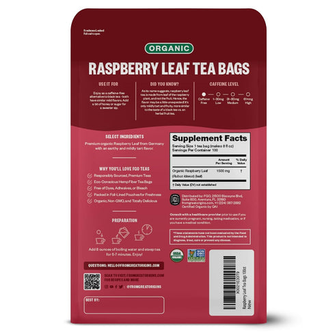 FGO Organic Red Raspberry Leaf Tea Bags - 100 Eco-Conscious, Caffeine Free, Resealable Bag