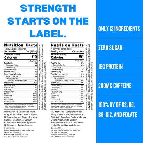 WELD Pack 18g 200mg 12 Protein Energy Drink Variety Protein, Caffeine, Zero Sugar Can Mixed Case