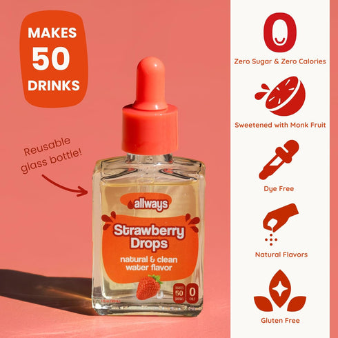 50 Allways Drops Natural Strawberry Water Enhancer | Sugar-Free, Zero Calories, Monk Fruit Sweetened | Glass Bottle