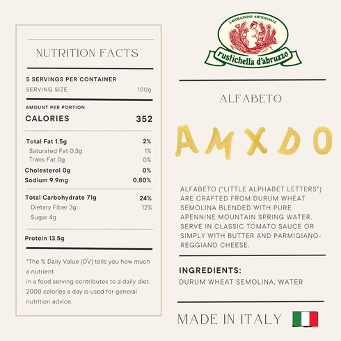1.1 Rustichella D' Abruzzo Alfabeto Durum Wheat in Brown Paper Bag, Pound
