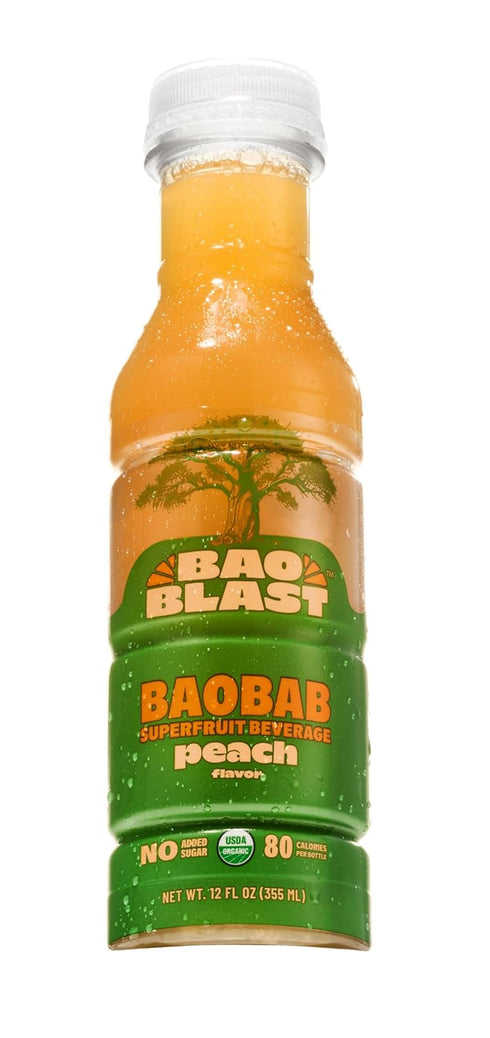 Immune 12 oz 6 BaoBlast Peach Baobab Drink Organic Baobab Fruit powder with peach, MonkFruit Sweetened Functional