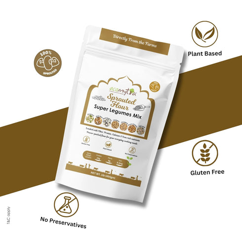 Ecomytra 100% (24g) 1lb (454 Sprouted Super Legumes Mix Flour Gluten Free & High Protein Plant Based Blend of Sprouted