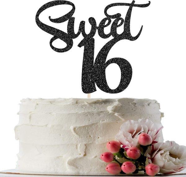 Black Glitter Sweet 16 Cake Topper, Happy 16th Birthday Decor, Cheers to 16 Years, 16th Wedding Anniversary Supplies