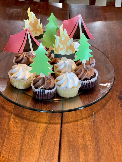 LaVenty Camping Cupcake Toppers - Happy Camper Birthday Party Decor, Woodlands and Lumberjack Party Decor