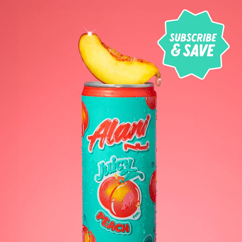 200mg 10 12 Oz 24 Pack Alani Nu JUICY PEACH, Sugar Free, Low Calorie Energy Drinks, Caffeine, Biotin, B Vitamins, Zero