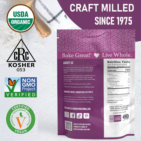 5 Lb Great River Milling Organic Hulled Spelt Berries | Ancient Whole Spelt Grain | High Fiber & Protein | Non-GMO