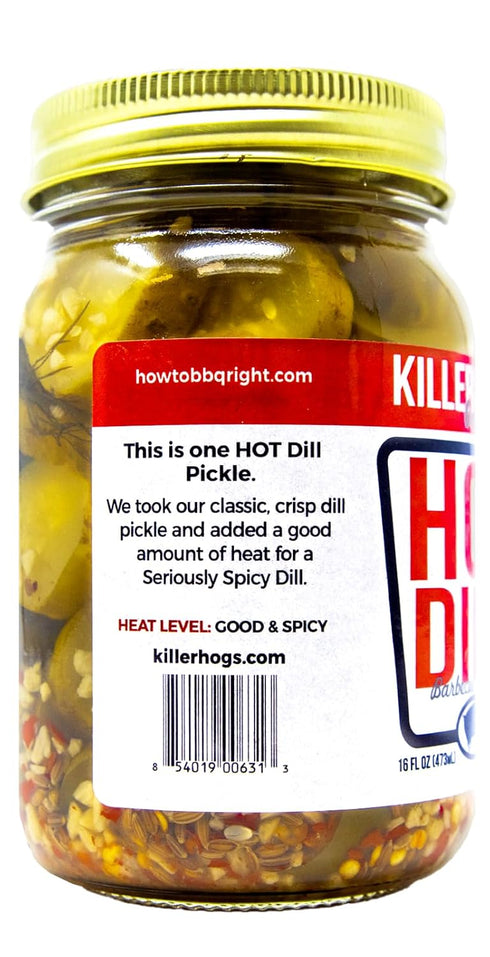 16 oz Killer Hogs Hot Dill Pickles for BBQ and Grill Sides, Meat Sandwiches, Hamburgers, Snacks, Crisp and Crunchy