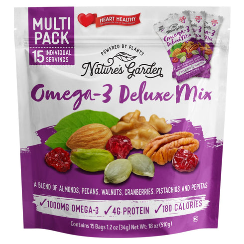 Nature's Garden Omega 3 Deluxe Mix - Trail Mix, Deluxe Nuts, Heart Healthy, Gluten Free, 1.2 oz Bags (15 Servings)