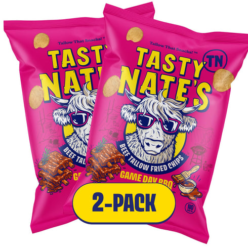 100% 7oz Pack 2 Tasty Nates Beef Tallow Potato Chips - Game Day BBQ Flavor Kettle Chips Fried in Beef Tallow Seed Oil