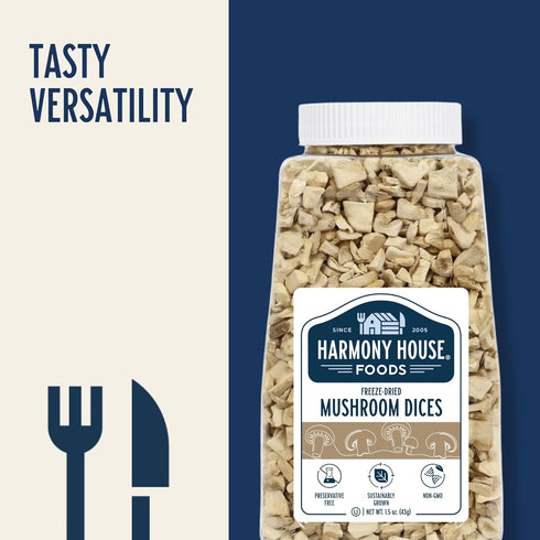 (1.5 oz, Harmony House Foods Freeze-Dried Mushroom Dices Quart Size Jar)