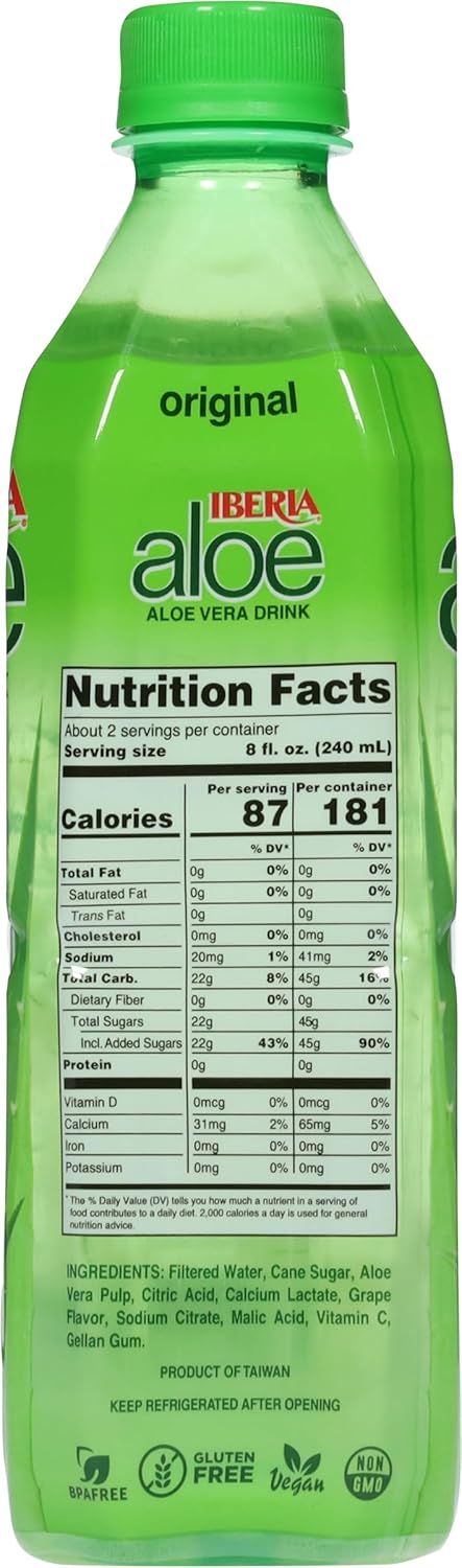 16.9 oz (Pack 24) Iberia Aloe Vera Drink with Aloe Vera Pulp, Original, fl