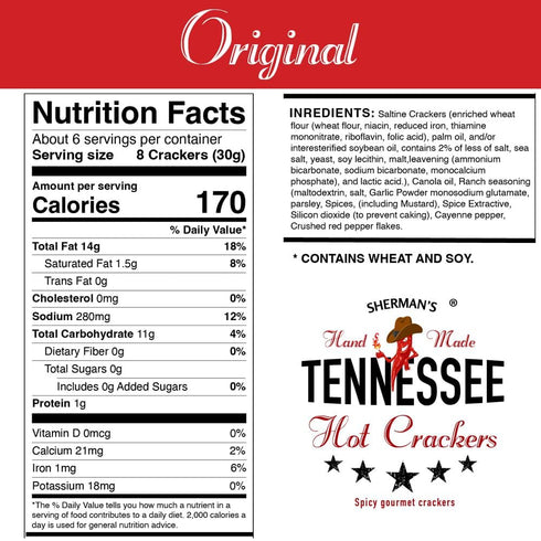 4 pack. (6oz Sherman's Tennessee Hot Crackers, Original. each), Spicy Snack Crackers.