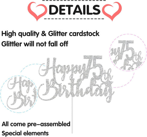 Silver Glitter Happy 75th Birthday Cake Topper - 75th Birthday Party Decoration, 75th Birthday Cake Topper