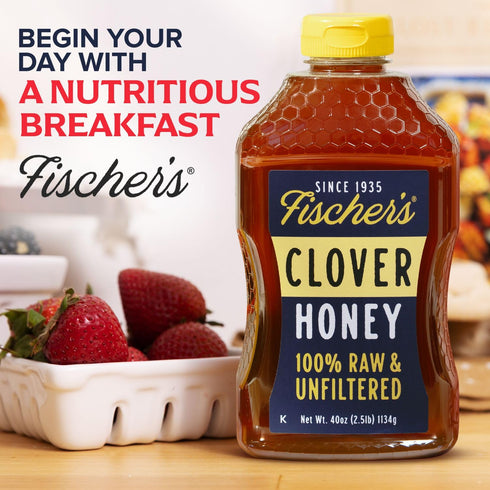 40 oz 100% Packed Fischer's Pure Clover Honey Pure, Raw and Unfiltered Honey in a Squeeze Bottle All-Natural Sweetener
