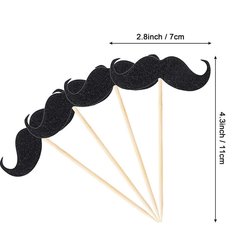 50 Pieces Mustache Cupcake Toppers, Mustache Birthday Cake Topper, Black Glitter Mustache Dessert Toppers for Baby