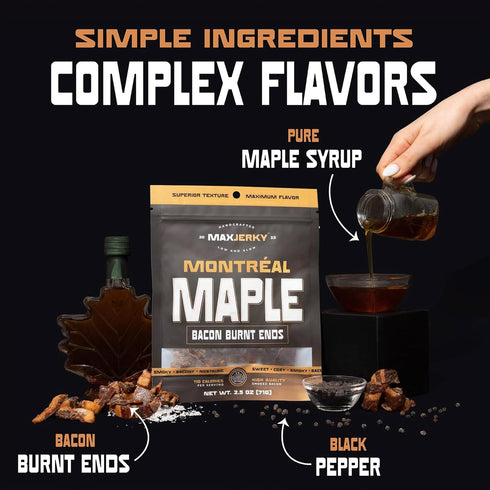 2.5 OZ (4 Pack) MaxJerky Montreal Maple Bacon Burnt Ends, Smoked Bacon Jerky