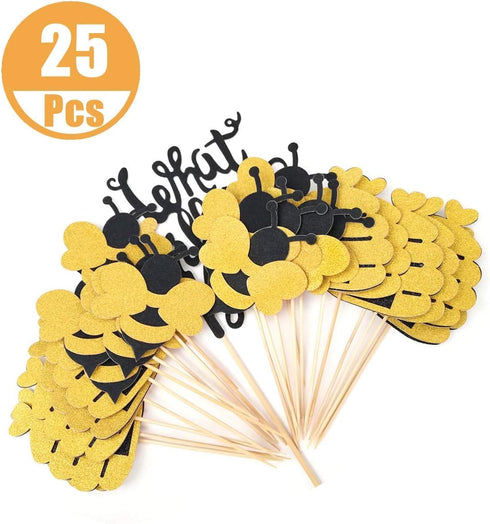 25 Pcs Glitter Bumble Bee Cupcake Toppers, What Will It Bee Cake Topper, Gender Reveal Party Decorations