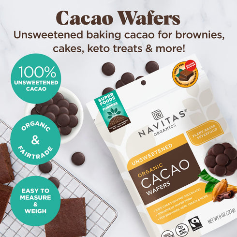 Navitas Organics Cacao Wafers, 8oz, Unsweetened Baking Chocolate, Organic, Non-GMO, Fairtrade, Gluten-Free
