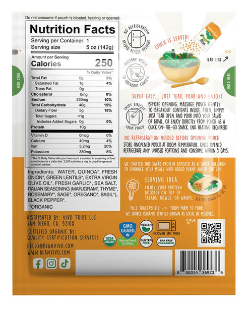 3-Pack 10g protein-packed 5oz BeanVIVO Salad Protein Booster - Organic cooked Lentils & Quinoa with Garlic & Herbs