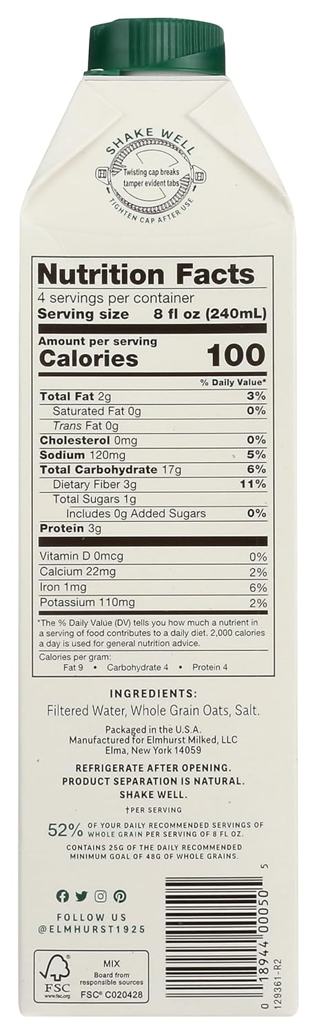 32 Oz Elmhurst, Milk Oat Unsweetened, Fl
