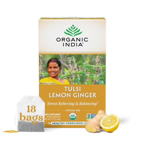 ORGANIC INDIA Tulsi Lemon Ginger Tea Bags, 18 Infusion Bags - Herbal Tea, Vegan, Non-GMO
