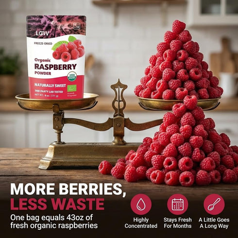 100% 6oz (33 Organic Freeze-Dried Raspberry Powder Natural Whole Fruit, Certified Organic Red Raspberries Perfect