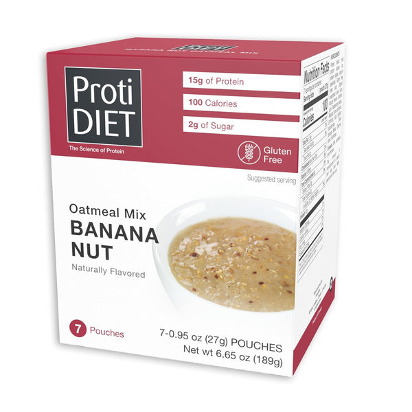ProtiDIET High Protein Banana Nut Instant Oatmeal - Gluten Free, Low Sugar, 7 Packets