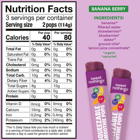 Pack 24 Sweet Nothings, Banana Berry, USDA Organic Kids' Squeezable Fruit Smoothie Popsicle Pops, Value of - Dye-Free