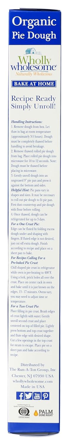 Wholly Wholesome 9 Inch, 16 OZ Organic Traditional Pie Dough
