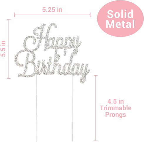 Happy Birthday Cake Topper - Premium Silver Metal, Sparkly Rhinestone Decoration for Party Centerpiece, Now Protected