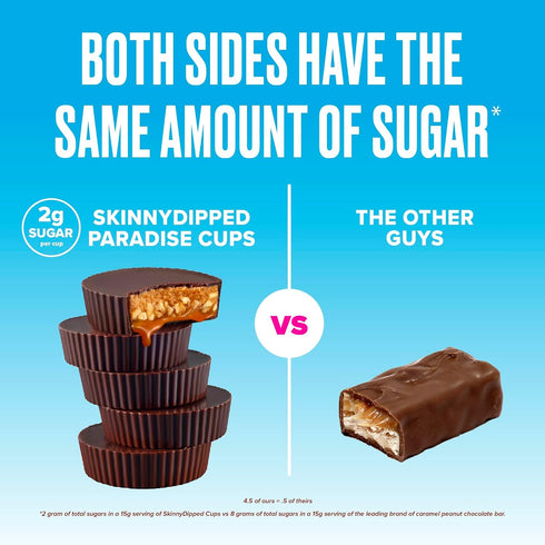 2g 3.2oz, 4 Pack (24 SkinnyDipped Caramel Peanut Paradise Cups and Dark Chocolate Peanut Butter Cups, Sugar per Cup