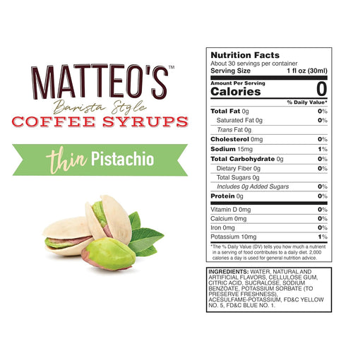 33.8oz (1pk) Matteo's Pistachio Syrup for Coffee, Lattes, Cappuccinos & Desserts Sugar-Free Sweetener for Beverages