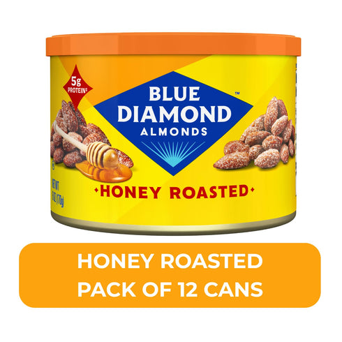 6 Oz (Pack 12) Blue Diamond Almonds Honey Roasted Snack Nuts, Resealable Cans