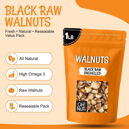 1 lb Oh! Nuts Black Raw Unshelled Walnuts - Fresh Chopped Walnuts - Bulk Bag - Black Walnut for Baking, Snacking