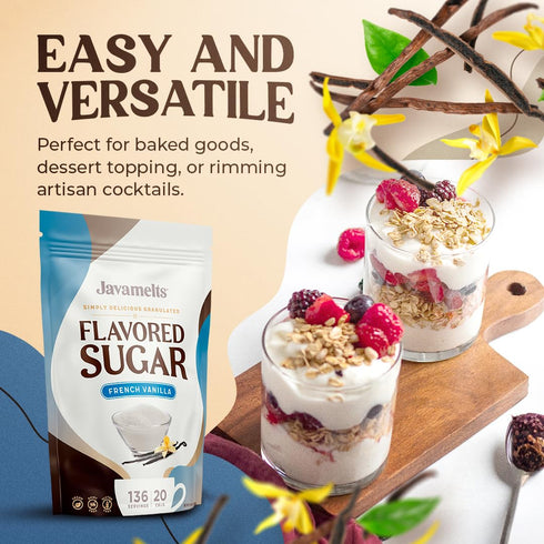 1.5 (136 Javamelts French Vanilla Flavored Sugar | Vanilla Sugar for Baking, Coffee Syrup Substitute, Cocktails, Tea |