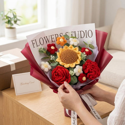 Lawnrden Crochet Flowers, Crochet Flower Bouquet - Knitted Roses & Tulips, Long-Lasting Bouquet of Flowers