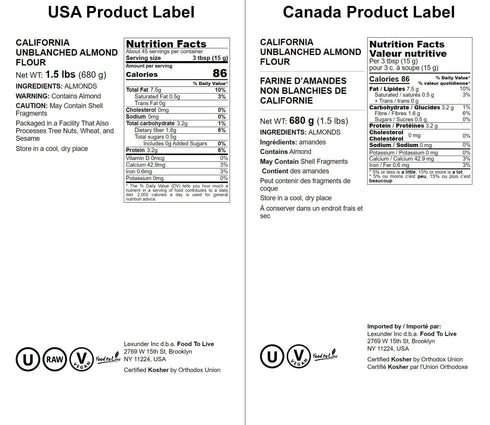 1.5 Food to Live California Unblanched Almond Flour, Pounds - Natural Meal, Finely Milled with Skin On, Raw Kosher