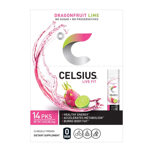 Pack 28 CELSIUS On-The-Go Powder Stick, Combo of Dragonfruit Lime and Cranberry Lemon, Piece Assortment