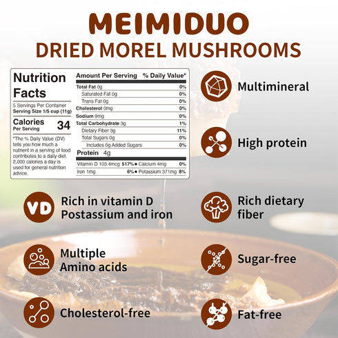 2 Oz(56.7g) MEIMIDUO Grade AAA Dried Morel Mushrooms (Morchella Conica) for Cooking, Ketone Friendly, Gluten-Free