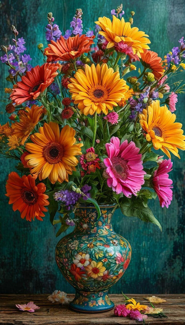 Generic Colorful Floral Bouquet in Decorative Vase Art Poster, Vibrant Gerbera Daisy and