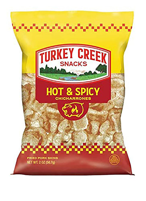 Turkey Creek 12-Bag Pack packed 12-2.0 oz - Americas Best Fried Pork Skins, offers a Straight of its Hot Pork Rinds.