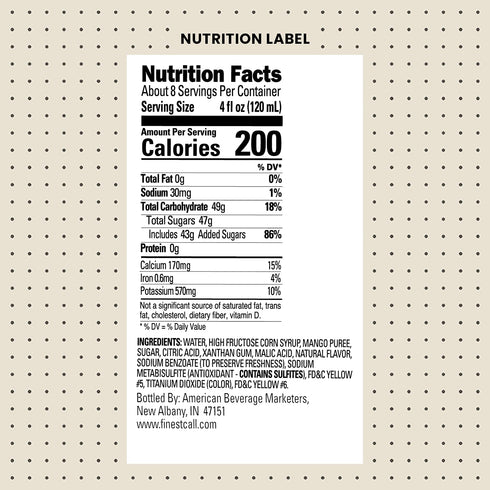 1 (33.8 Oz), Finest Call Premium Mango Fruit Puree Drink Mix, Liter Bottle Fl Individually Boxed