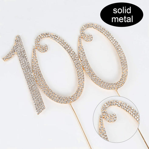 100 Years Birthday Cake Topper, Crystal Rhinestone 100th Wedding Anniversary or 100 Years Old Party Decoration Gold