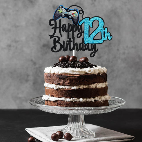 Video Game Happy 12th Birthday Cake Topper - Blue Cake Supplies for Boy's 12th Birthday Party - Game On Level Up