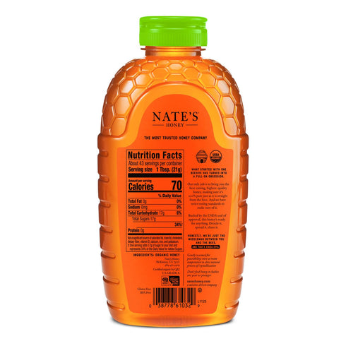 100% 32oz. Nate's Organic Pure, Raw & Unfiltered Honey - USDA Certified Organic - Squeeze Bottle