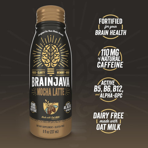 BrainJava 110 8 Oz, 4 Pack Oat Milk Mocha Latte, MG Caffeine, Ready to Drink Beverage With L Theanine, Vitamin C